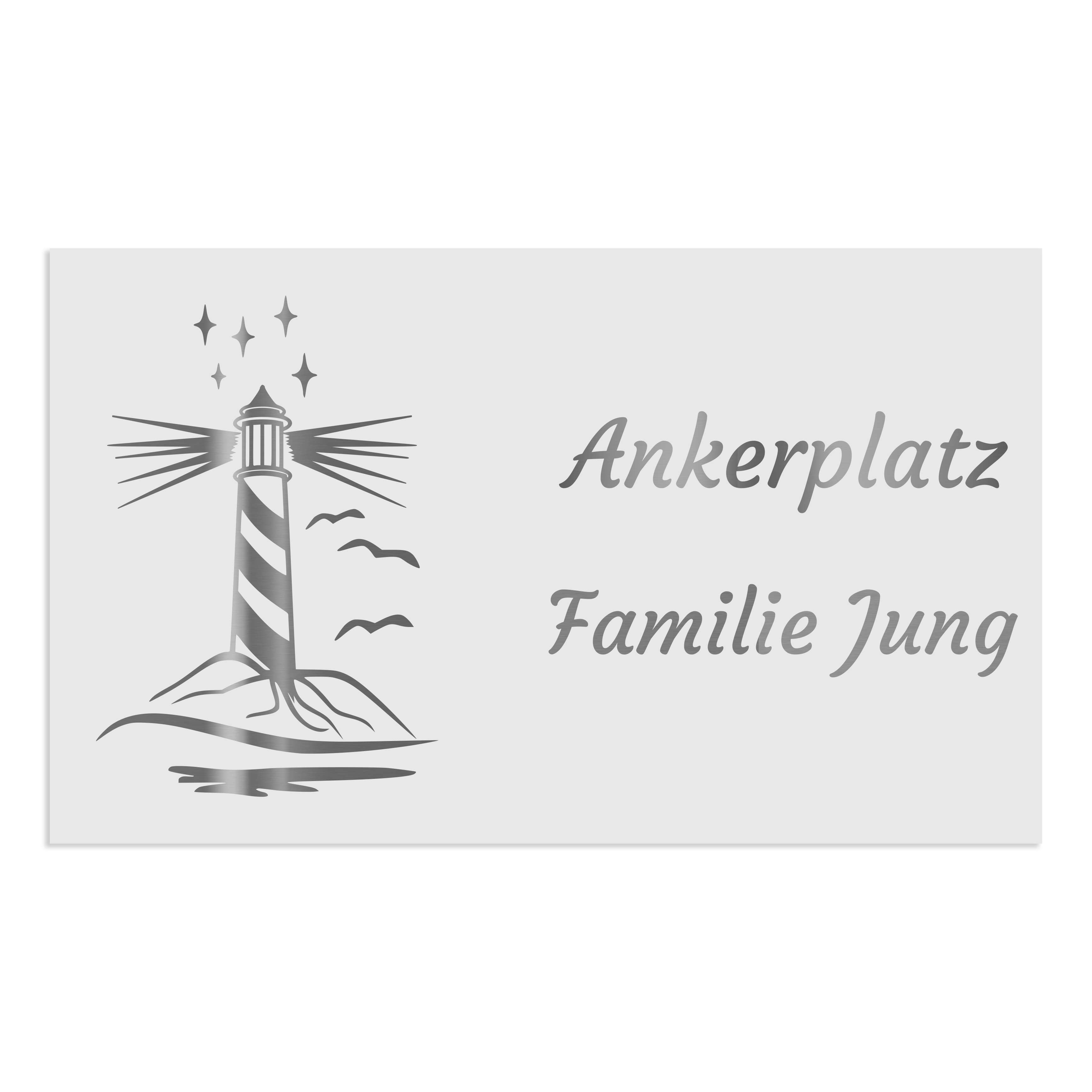 Edelstahl Türschild, Weiß pulverbeschichtet mit Motiv Leuchtturm, individuell personalisierbar