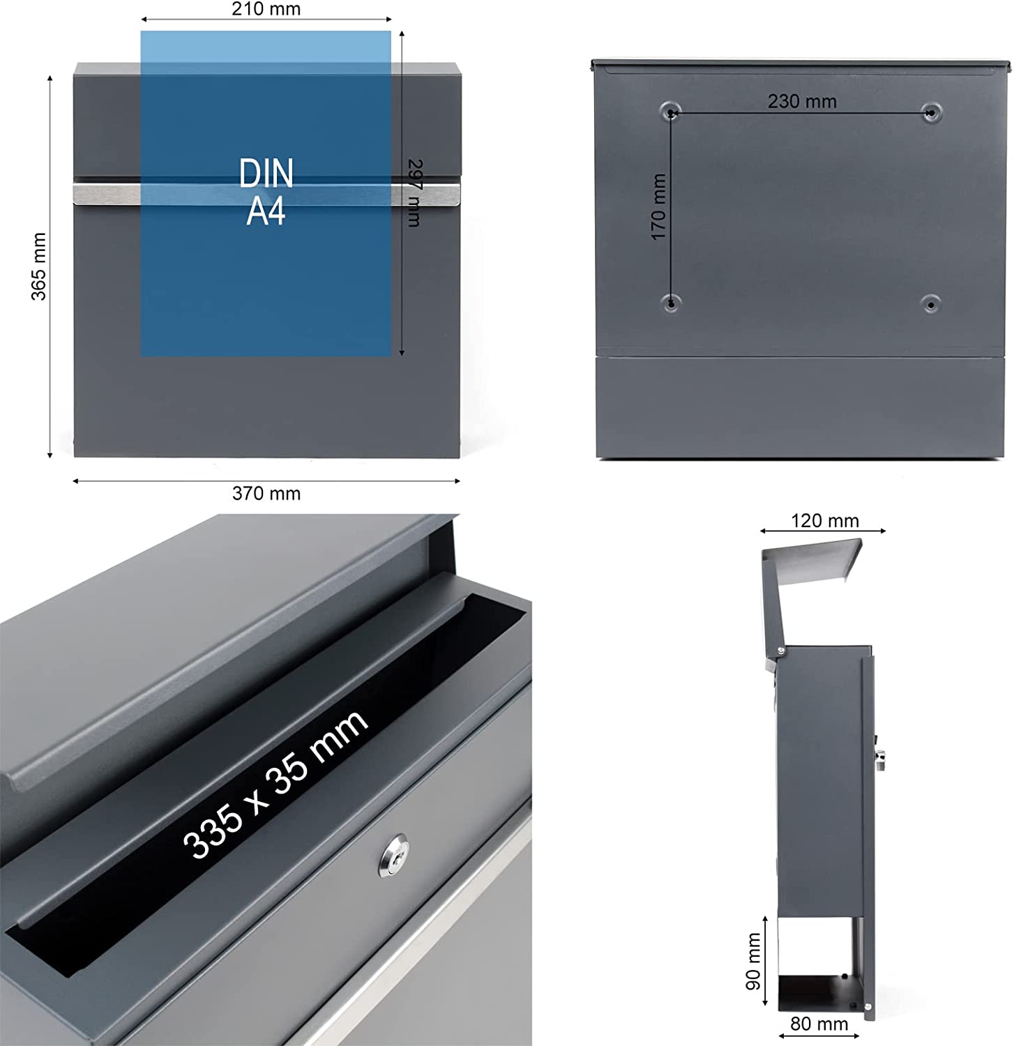 Moderner Briefkasten Rom mit Zeitungsfach - Anthrazit  pulverbeschichtet