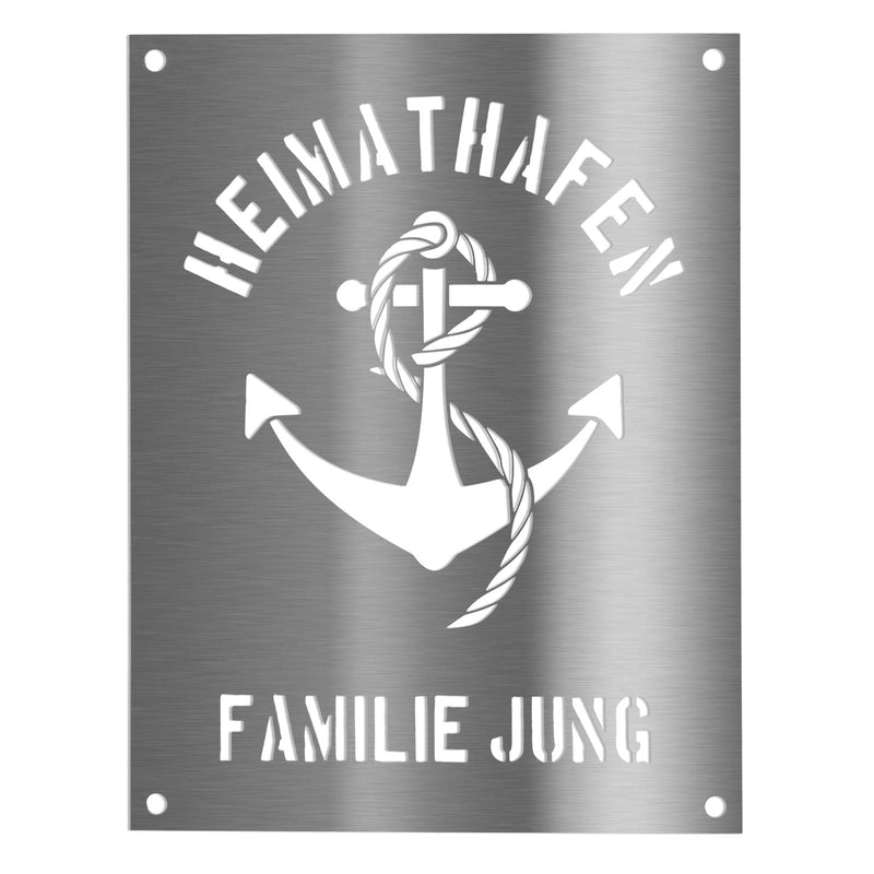 Personalisierbares (V2A) Edelstahl Wandschild Heimathafen Deko Schild Türschild mit Motiv Anker – Text ausgelasert