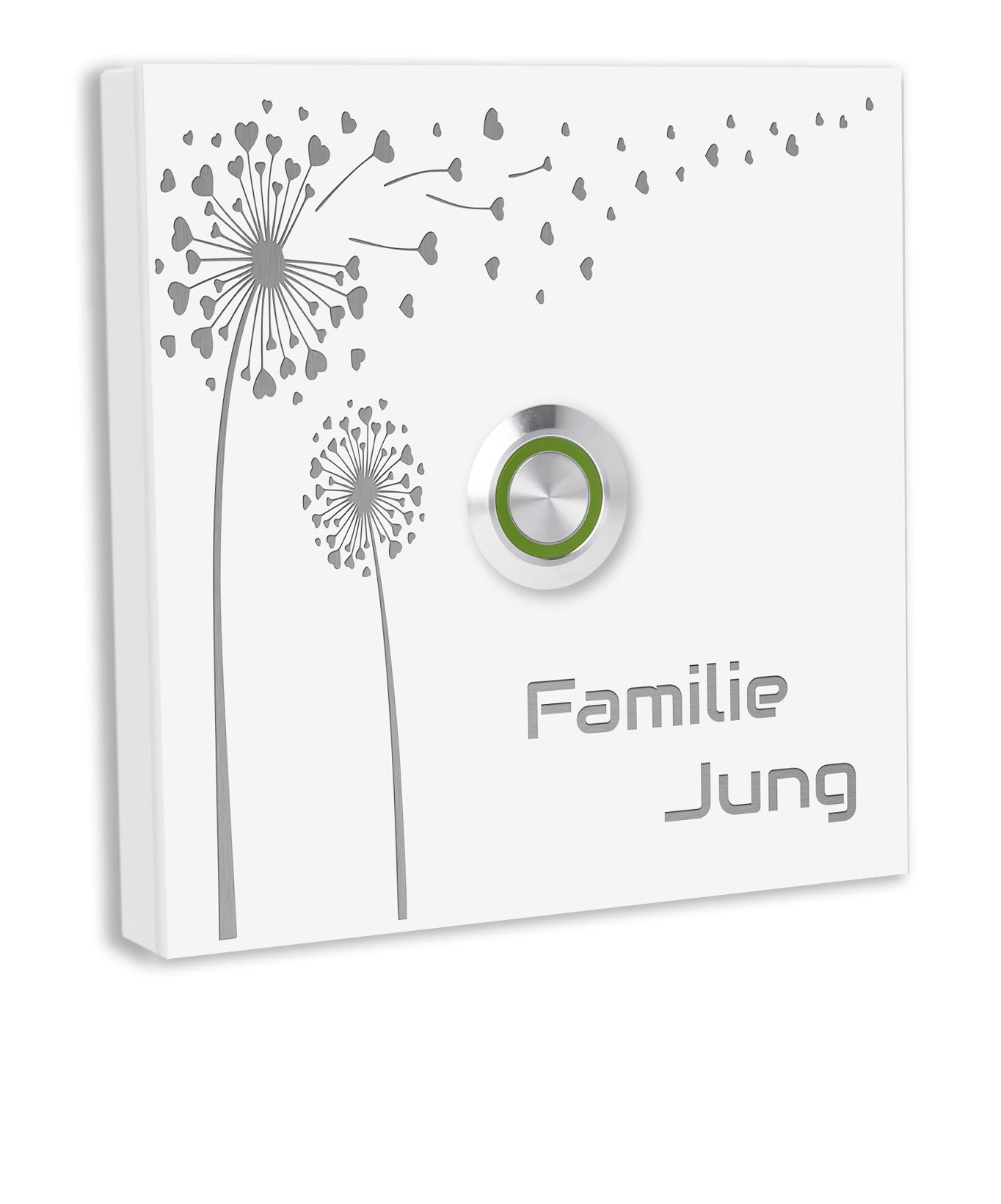 Edelstahl Türklingel weiß pulverbeschichtet mit Motiv Pusteblume indiividuell personalisierbar