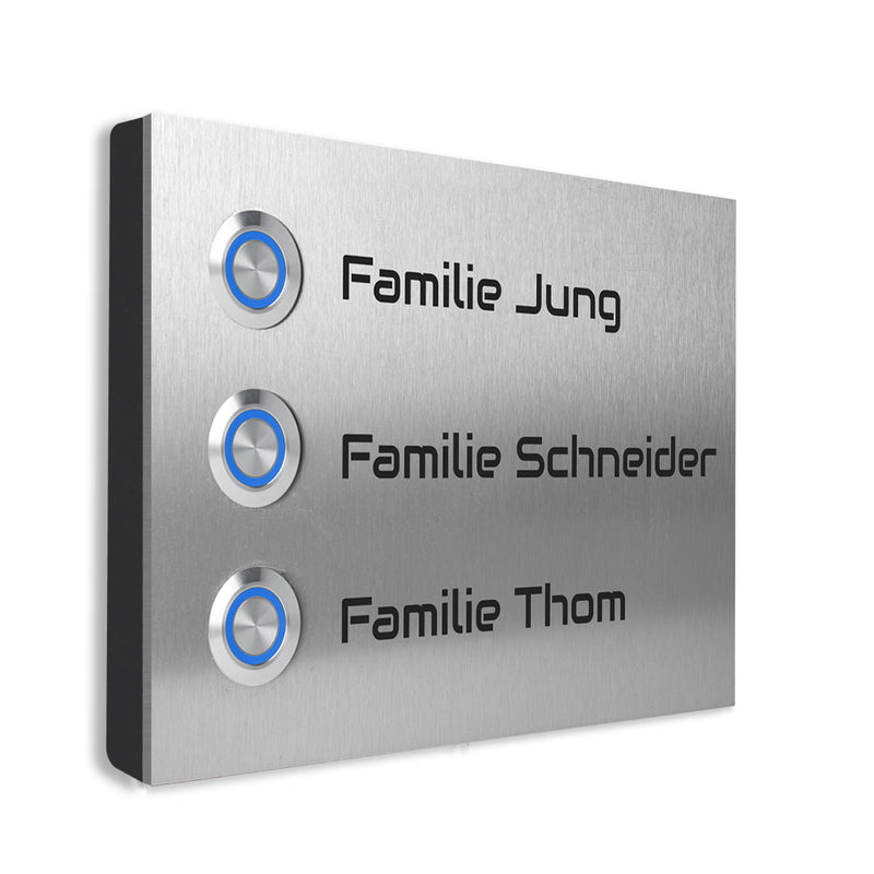 Edelstahl Türklingel Bonn für Dreifamilienhäuser  Lasergravur 17 X 12 cm - Klingelschild mit LED – Aufputz / Unterputz