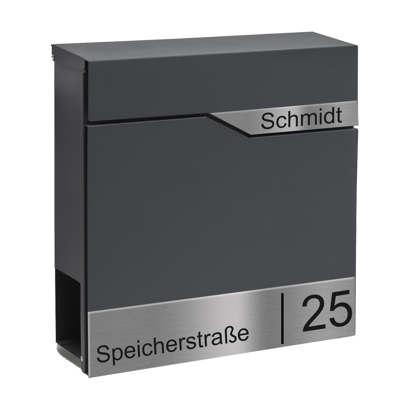 Moderner Briefkasten Bochum mit Zeitungsfach - Weiß oder anthrazit pulverbeschichtet – durch aufgesetzte Edelstahlschilder individuell personalisierbar
