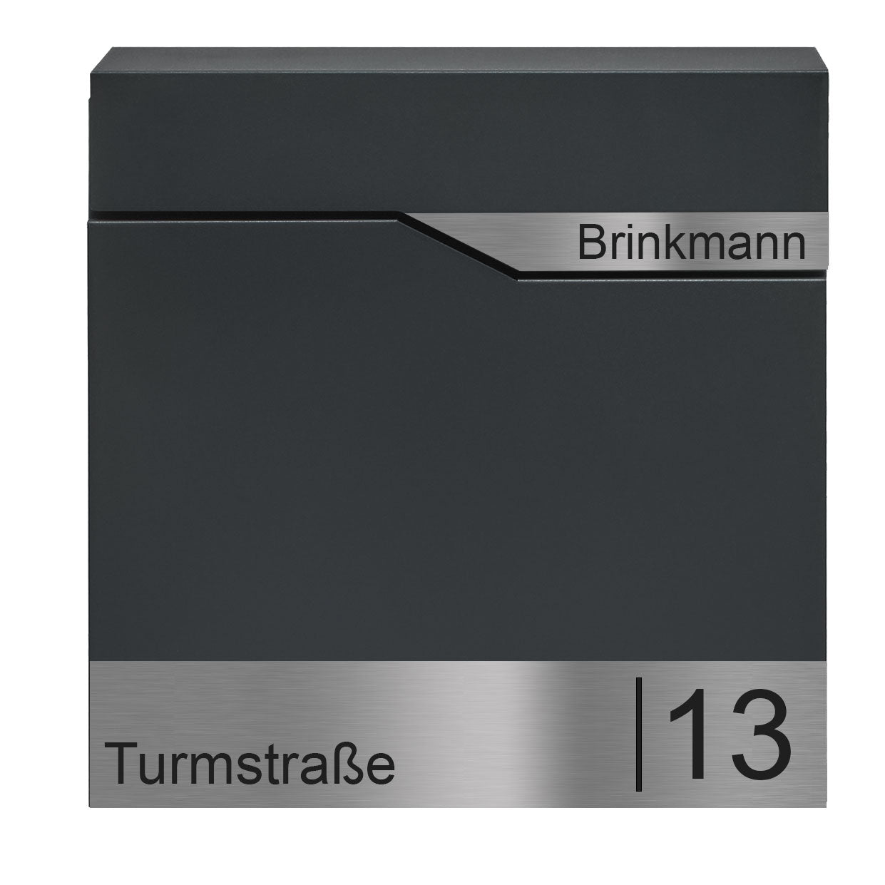 Moderner Briefkasten Bochum mit Zeitungsfach - Weiß oder anthrazit pulverbeschichtet – durch aufgesetzte Edelstahlschilder individuell personalisierbar