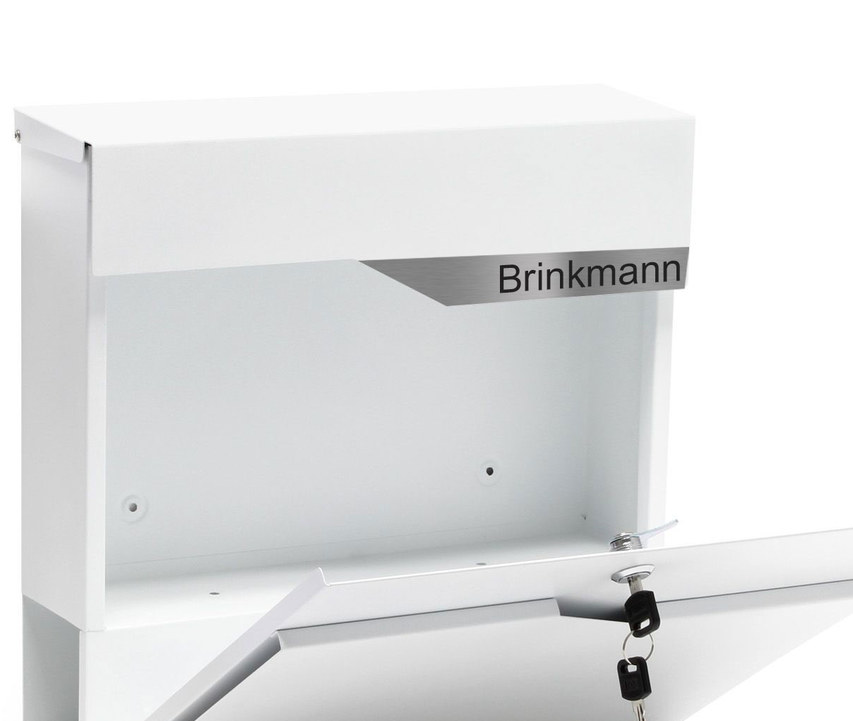 Moderner Briefkasten Bochum mit Zeitungsfach - Weiß oder anthrazit pulverbeschichtet – durch aufgesetzte Edelstahlschilder individuell personalisierbar