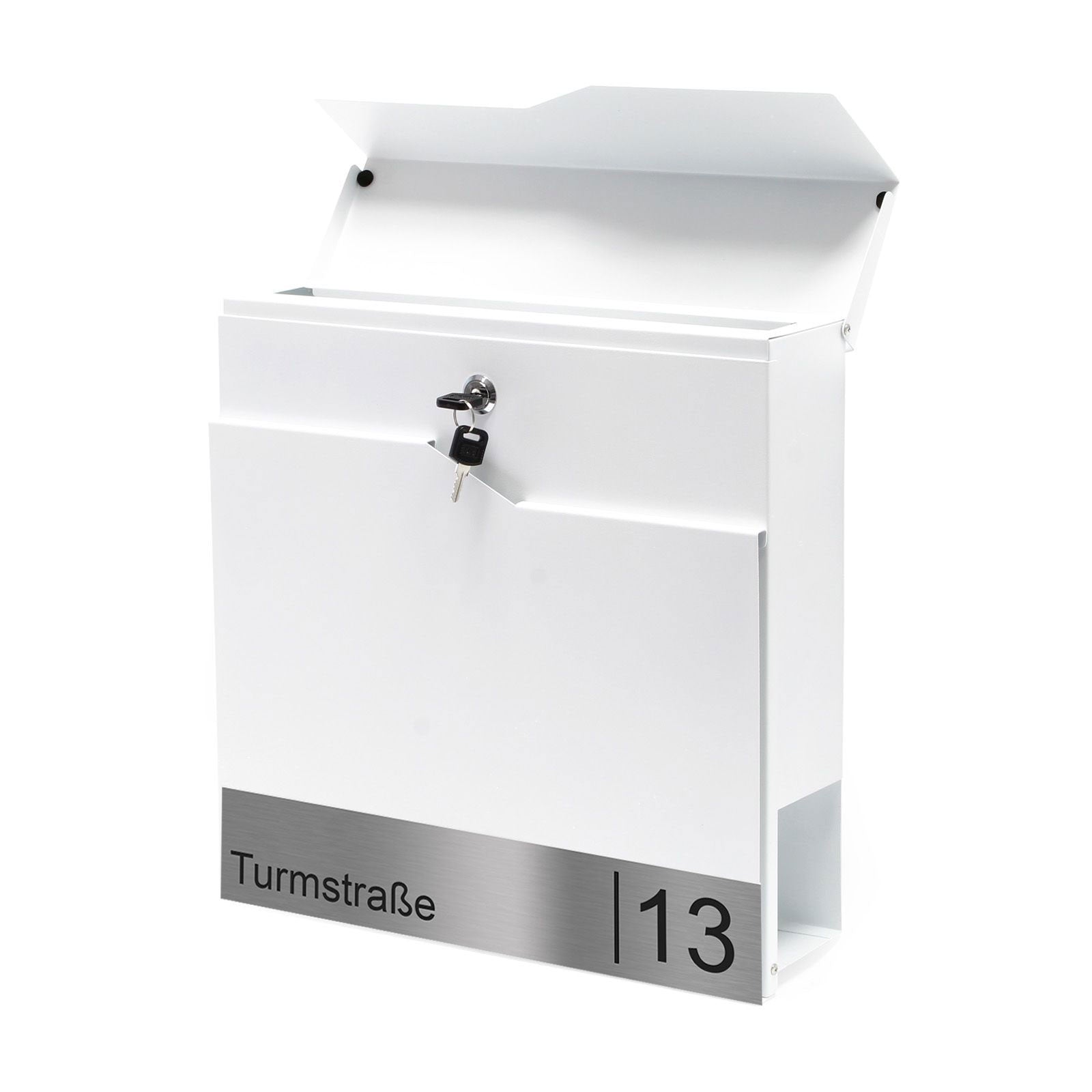 Moderner Briefkasten Bochum mit Zeitungsfach - Weiß oder anthrazit pulverbeschichtet – durch aufgesetzte Edelstahlschilder individuell personalisierbar