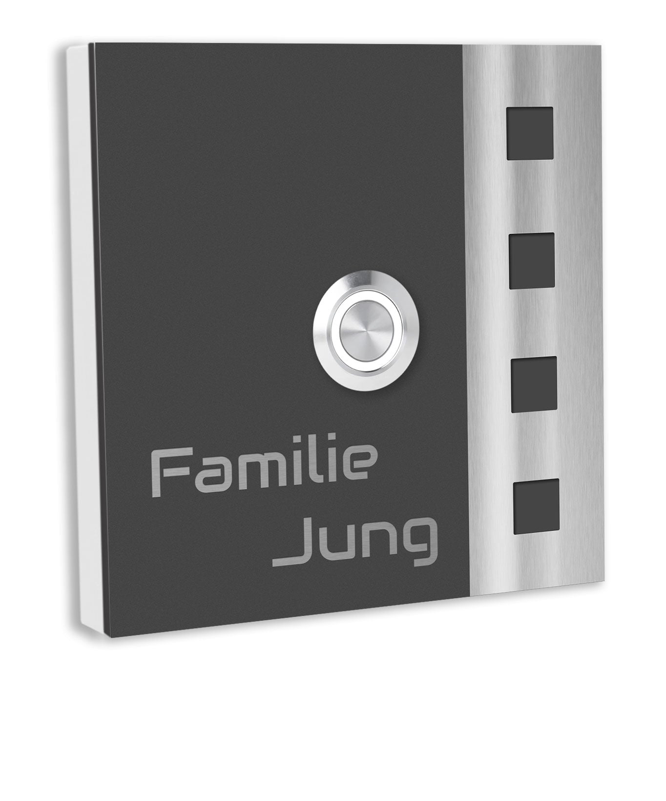 V2A Edelstahl Türklingel Chicago 10x10cm - Personalisierte Lasergravur - LED-Taster - Anthrazit/Weiß