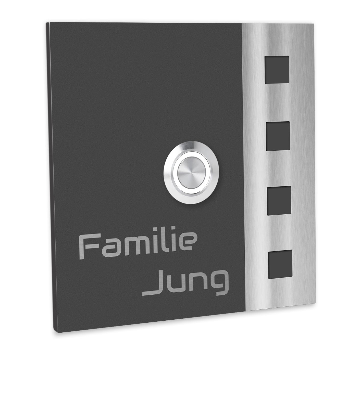 V2A Edelstahl Türklingel Chicago 10x10cm - Personalisierte Lasergravur - LED-Taster - Anthrazit/Weiß