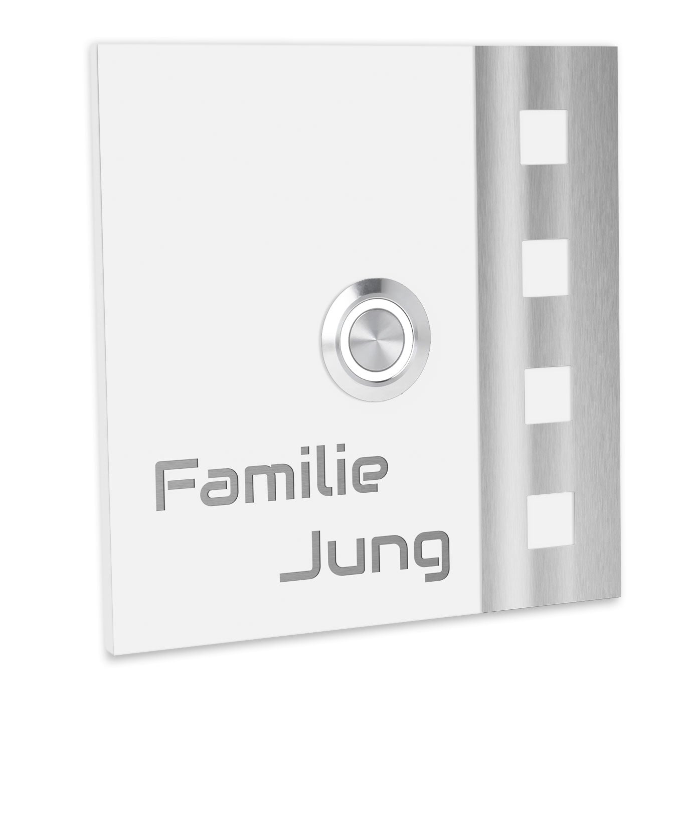 V2A Edelstahl Türklingel Chicago 10x10cm - Personalisierte Lasergravur - LED-Taster - Anthrazit/Weiß