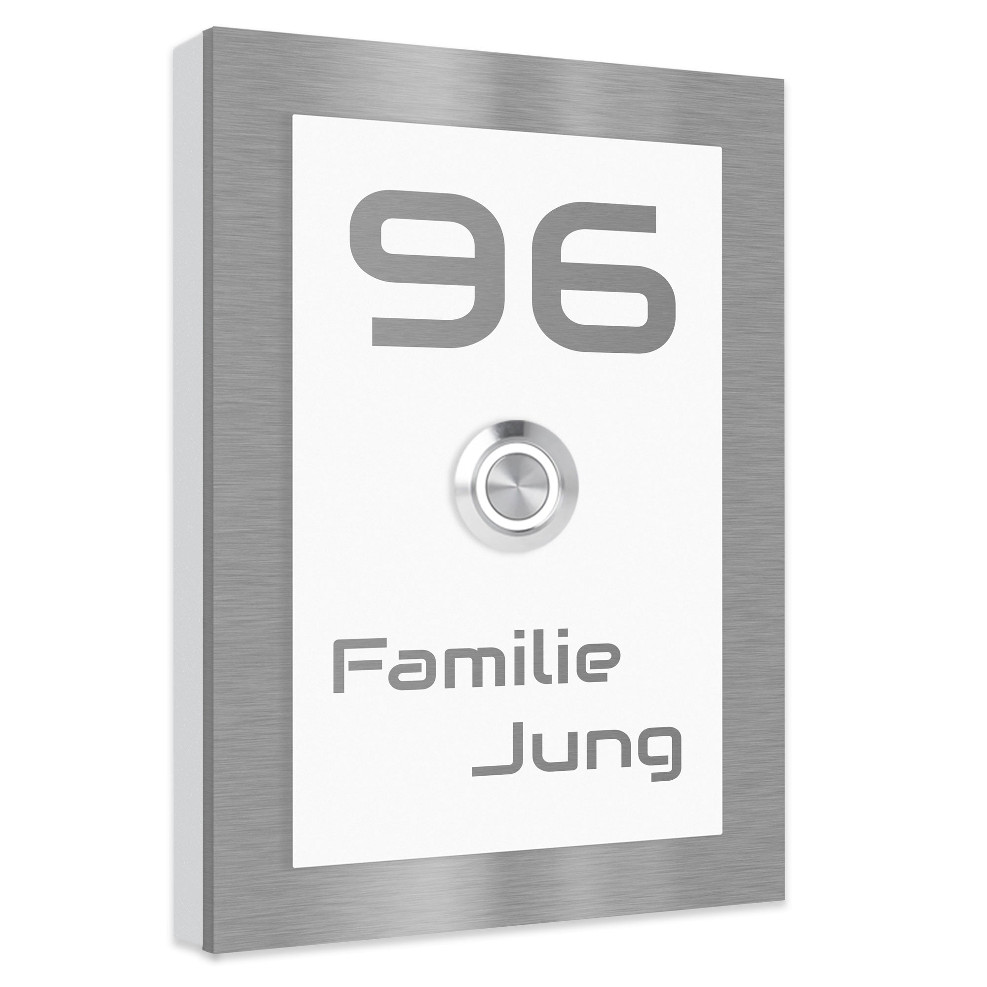 Edelstahl Aufputz Türklingel Dakota Oberplatte Weiß Pulverbeschichtet individuell personalisierbar.