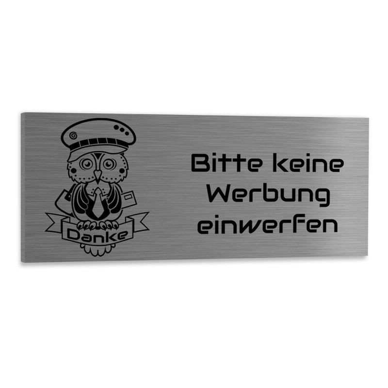 Bitte keine Werbung einwerfen (Motiv Eule) - Edelstahl (V2A) Schild. Verschiedene Größen und Farben