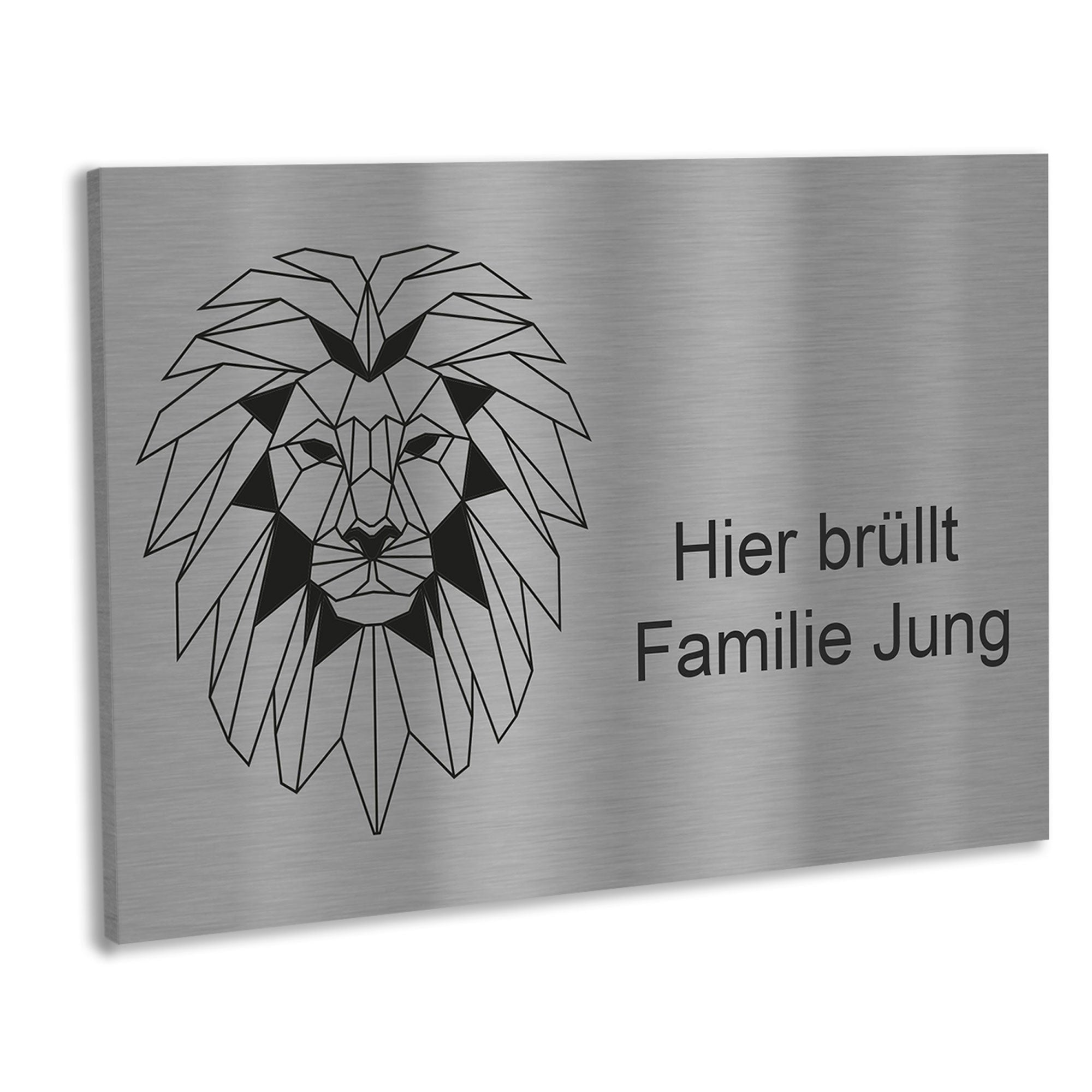 Edelstahl Türschild mit geometrischer Figur mit Motiv Löwe, individuell personalisierbar.
