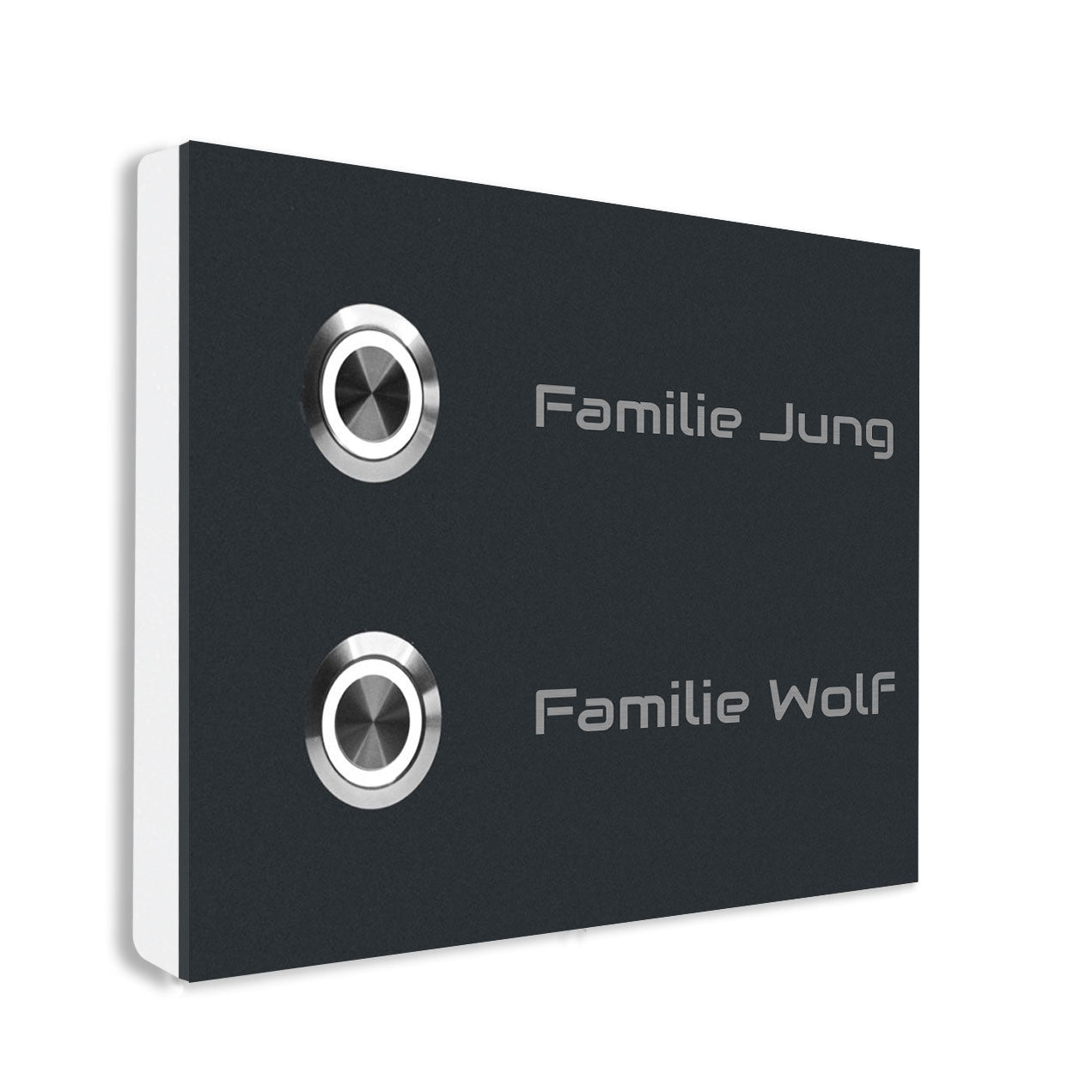 Frankfurt 14 x 10 cm Edelstahl (V2A) Türklingel - Zweifamilienhaus Klingel - mit Gravur - Anthrazit oder Weiß - LED - Aufputz / Unterputz