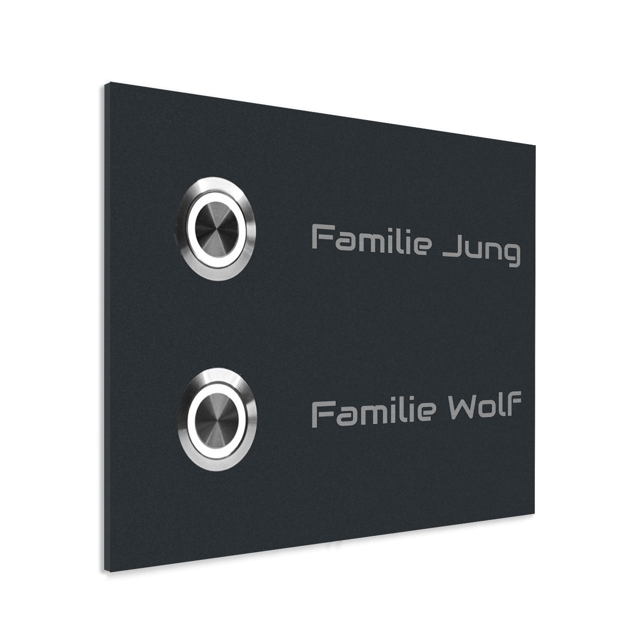 Frankfurt 14 x 10 cm Edelstahl (V2A) Türklingel - Zweifamilienhaus Klingel - mit Gravur - Anthrazit oder Weiß - LED - Aufputz / Unterputz