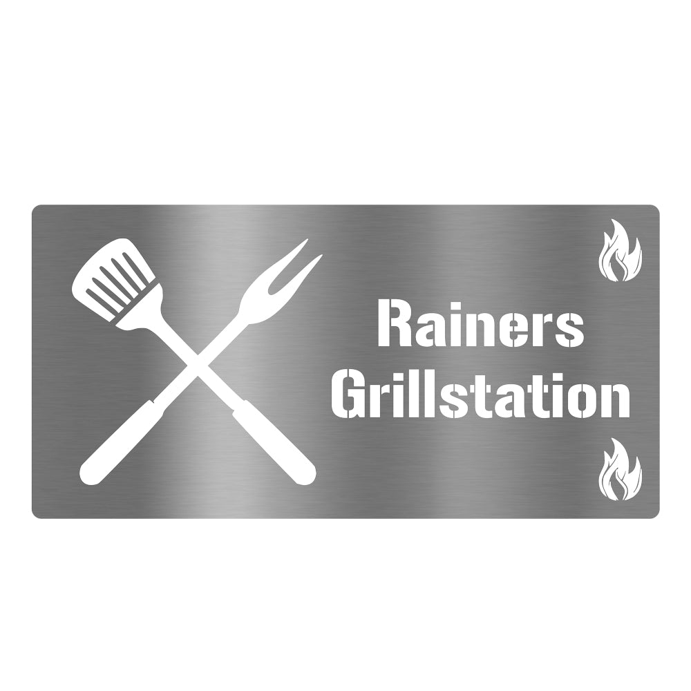 Edelstahl Grillschild personalisierbar verschiedene Größen – Text ausgelasert