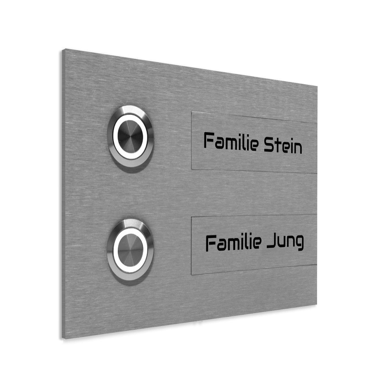 Türklingelplatte aus gebürstetem Edelstahl mit zwei Klingelknöpfen und Namensschildern "Familie Stein" und "Familie Jung".