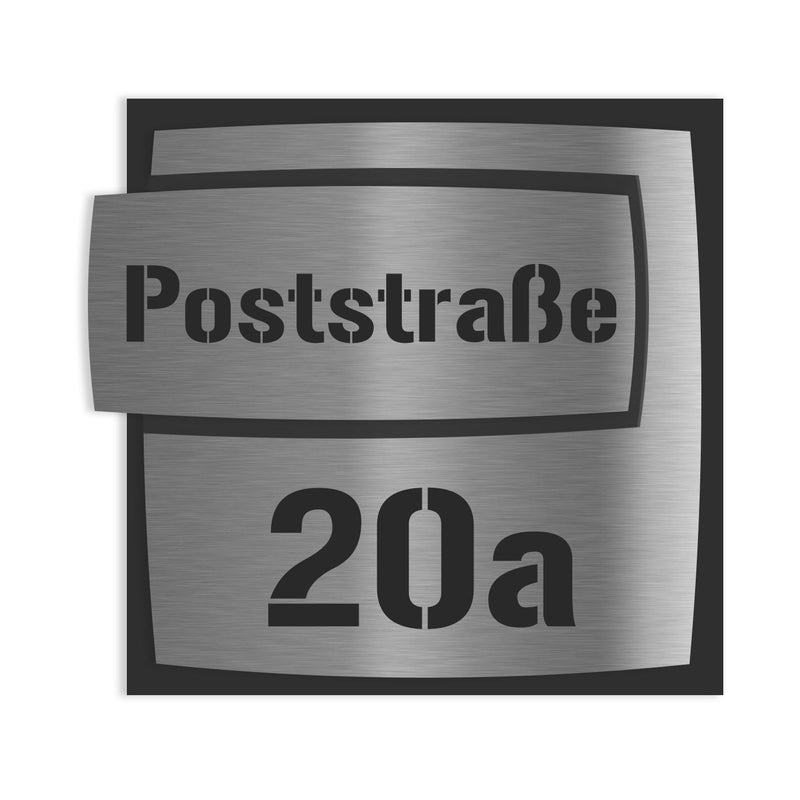 Edelstahl / Acryl Hausnummernschild 20×20 cm Straßenname / Hausnummer ausgelasert