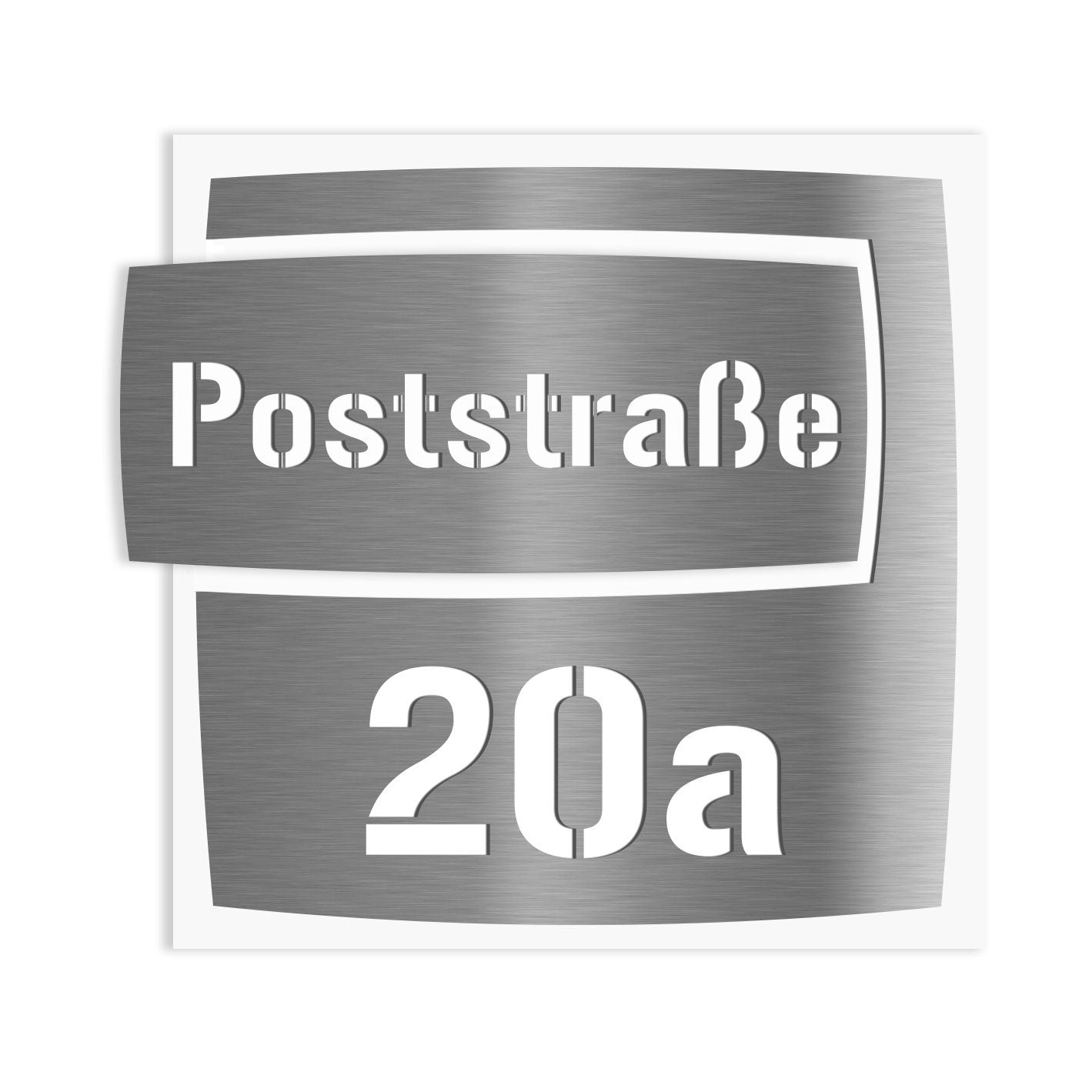 Edelstahl / Acryl Hausnummernschild 20×20 cm Straßenname / Hausnummer ausgelasert