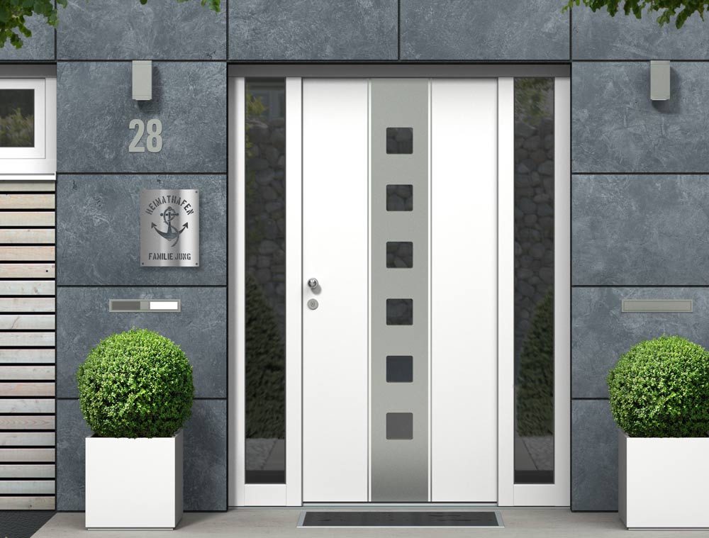 Personalisierbares (V2A) Edelstahl Wandschild Heimathafen Deko Schild Türschild mit Motiv Anker – Text ausgelasert