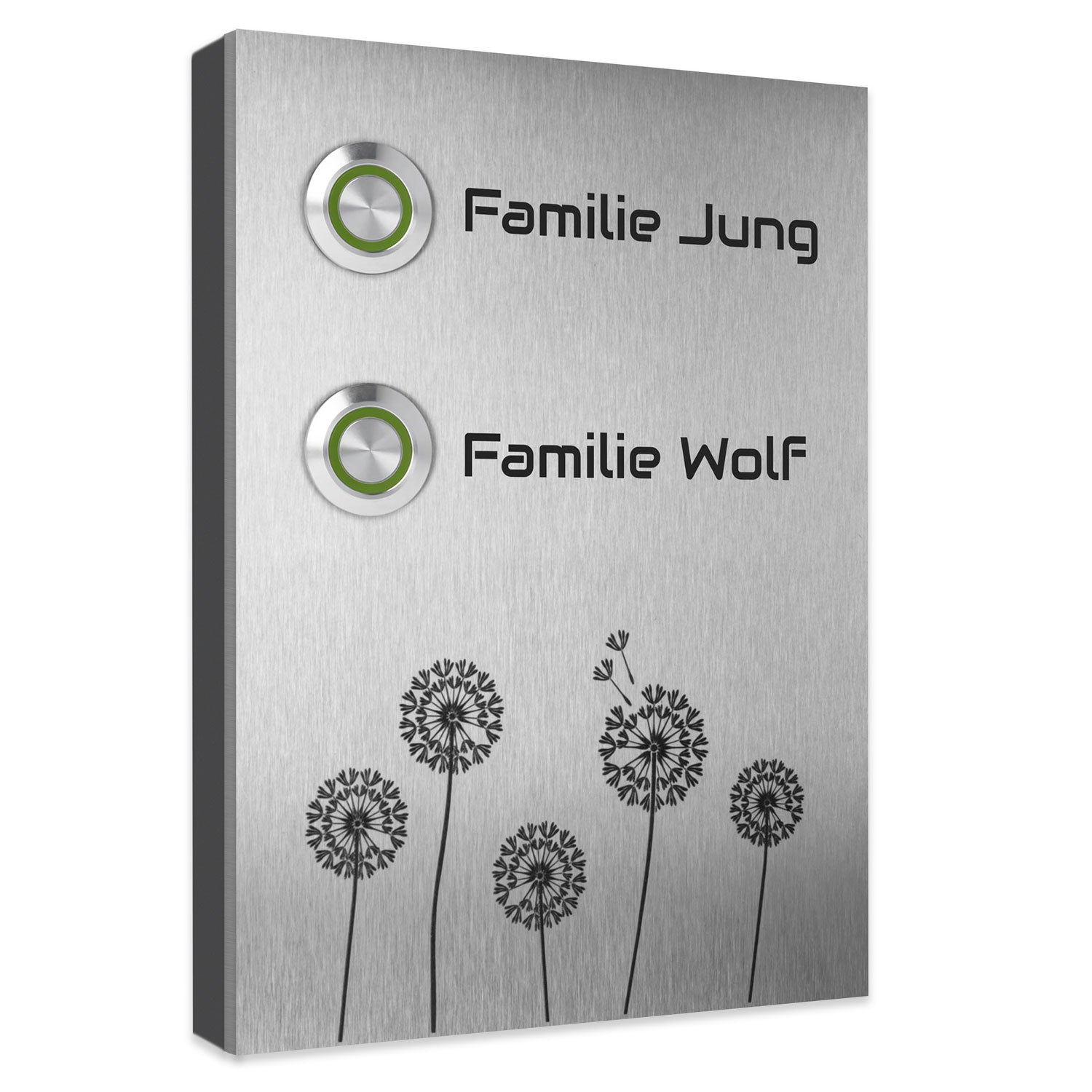 Aufputz Zweifamilienhaus Türklingel aus Edelstahl mit Motiv Pusteblume individuell personalisierbar