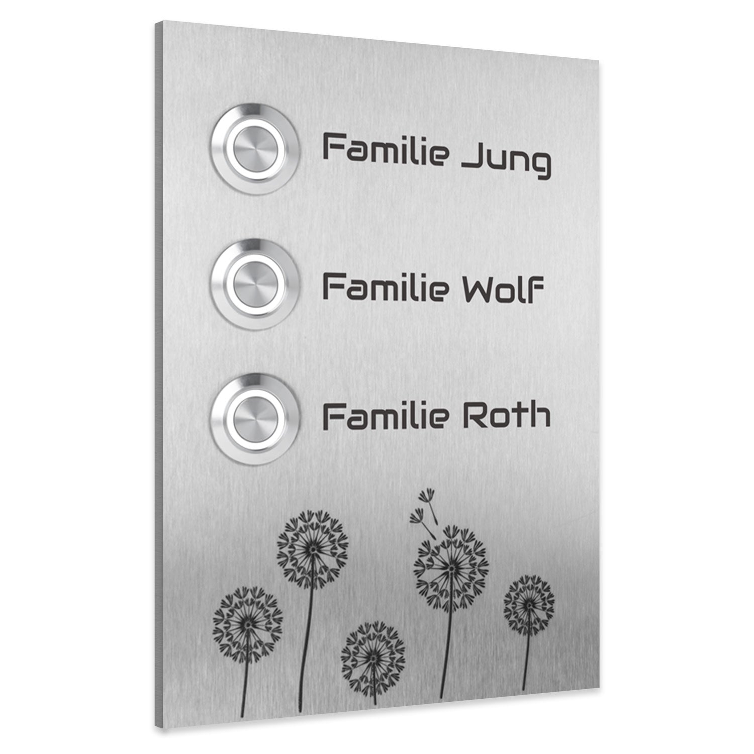 Kiel 12 x 17 cm Edelstahl (V2A) Türklingel - für Dreifamilienhäuser - mit Gravur - LED – Aufputz / Unterputz