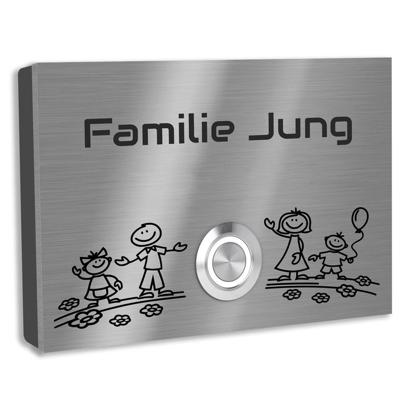 London 12 x 8 cm Edelstahl (V2A) Türklingel -Motiv "Familie"- mit Gravur - LED - Aufputz / Unterputz