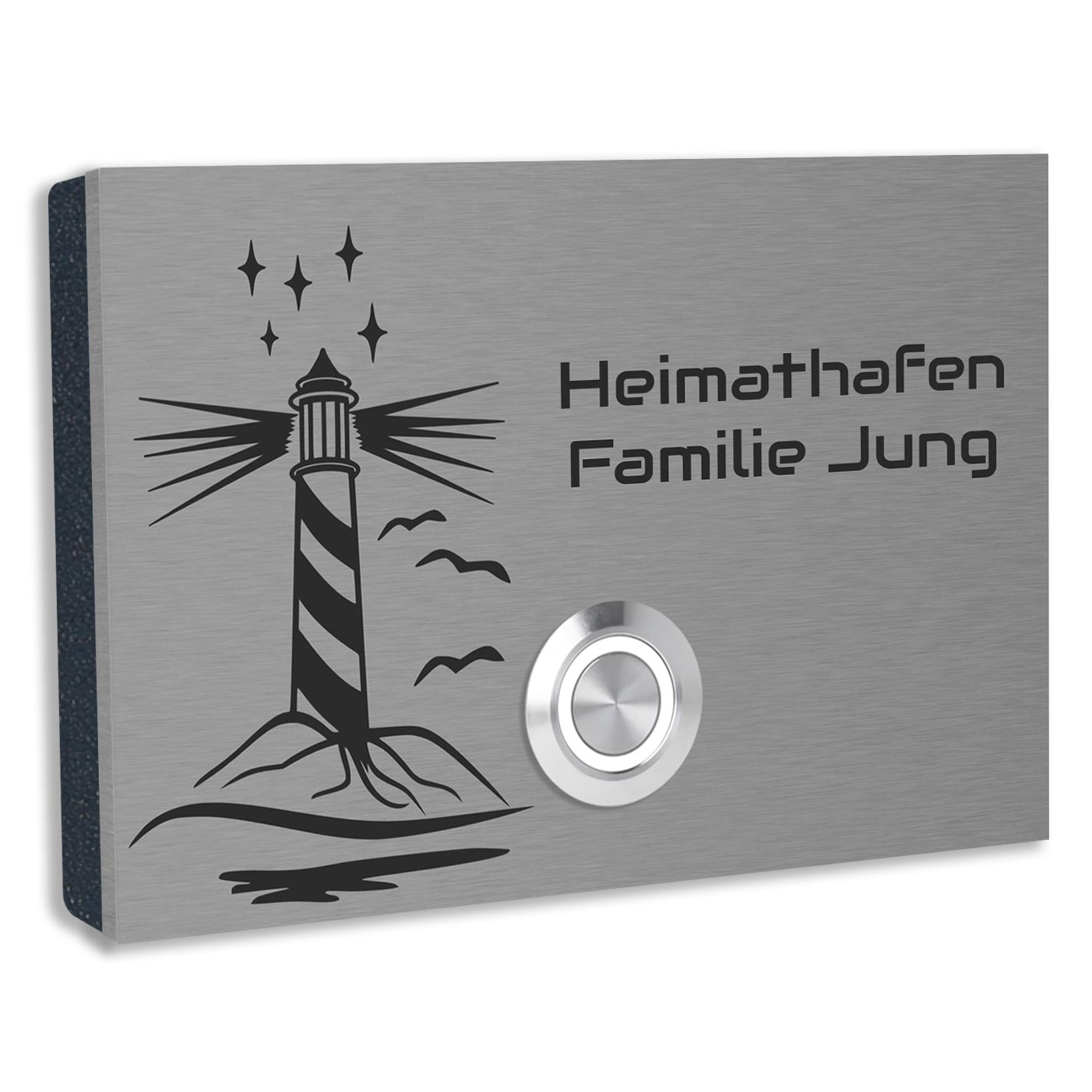 Aufputz Edelstahl Türklingel London mit Motiv Leuchtturm, individuell personalisierbar