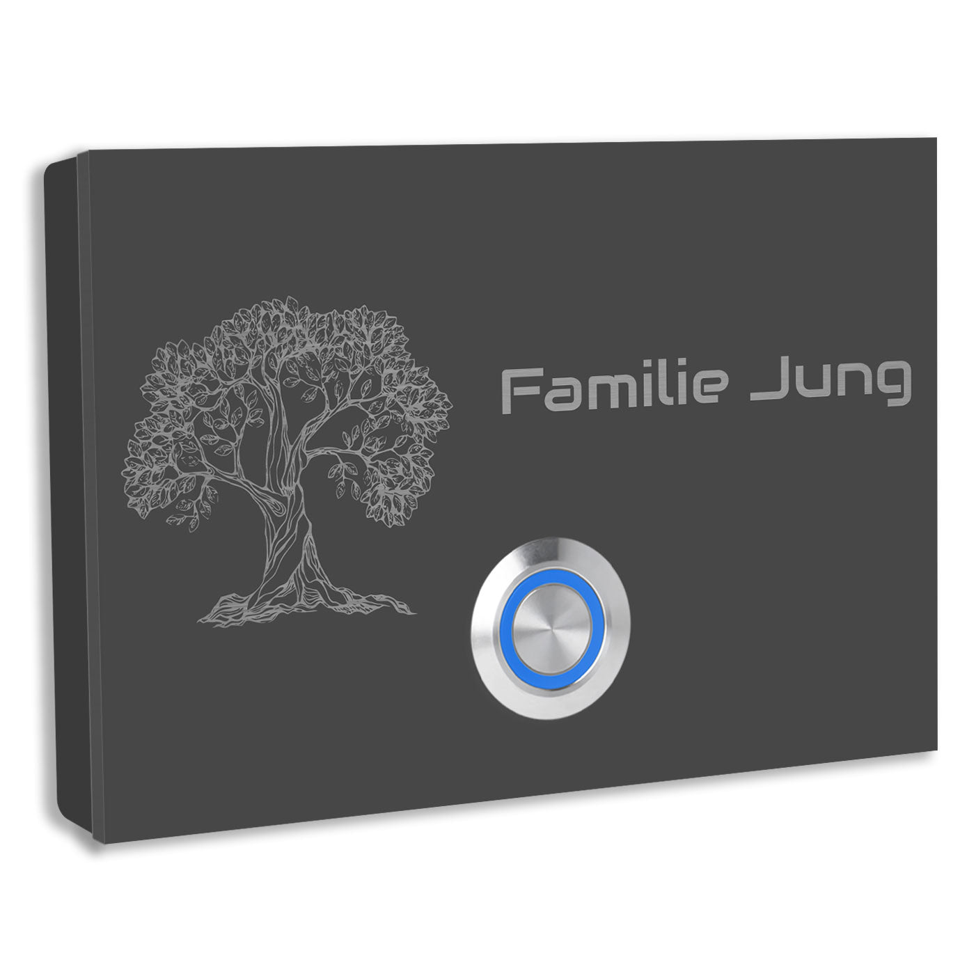 Edelstahl Aufputz Türklingel London, Anthrazit RAL 7016 pulverbeschichtet mit Motiv Baum, individuell personalisierbar