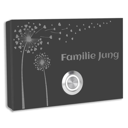 Aufputz Edelstahl Türklingel London Anthrazit RAL 7016 pulverbeschichtet mit Motiv Pusteblume, individuell personalisierbar
