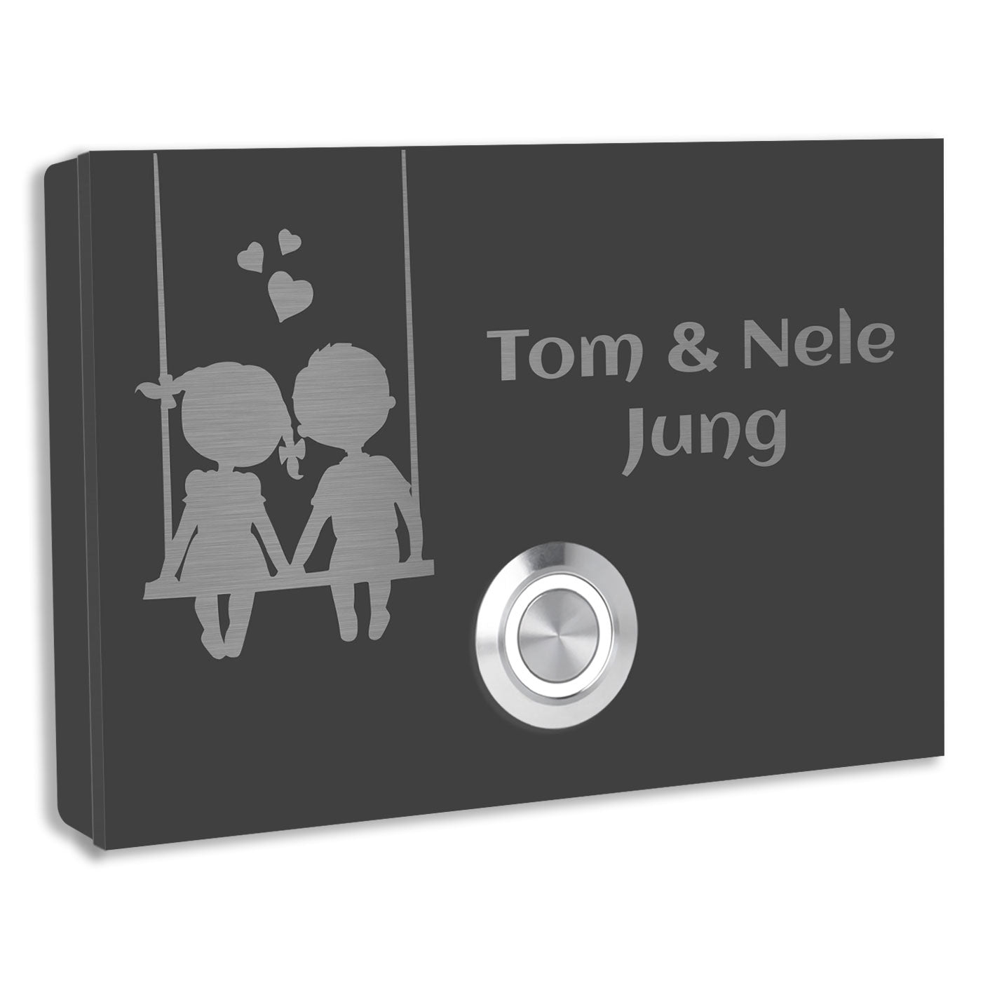 Edelstahl Aufputz Türklingel London Anthrazit RAL 7016 Pulverbeschichtet mit Motiv Pärchen individuell personalisierbar