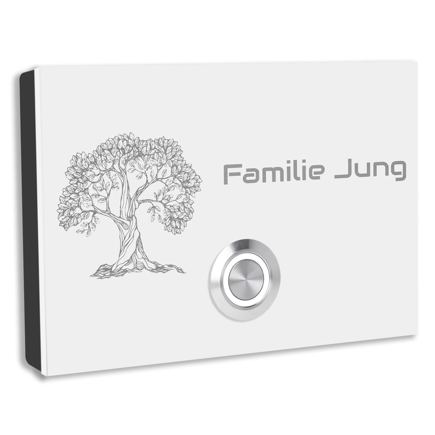 Edelstahl Aufputz Türklingel London Weiß pulverbeschichtet mit Motiv Baum, individuell personalisierbar