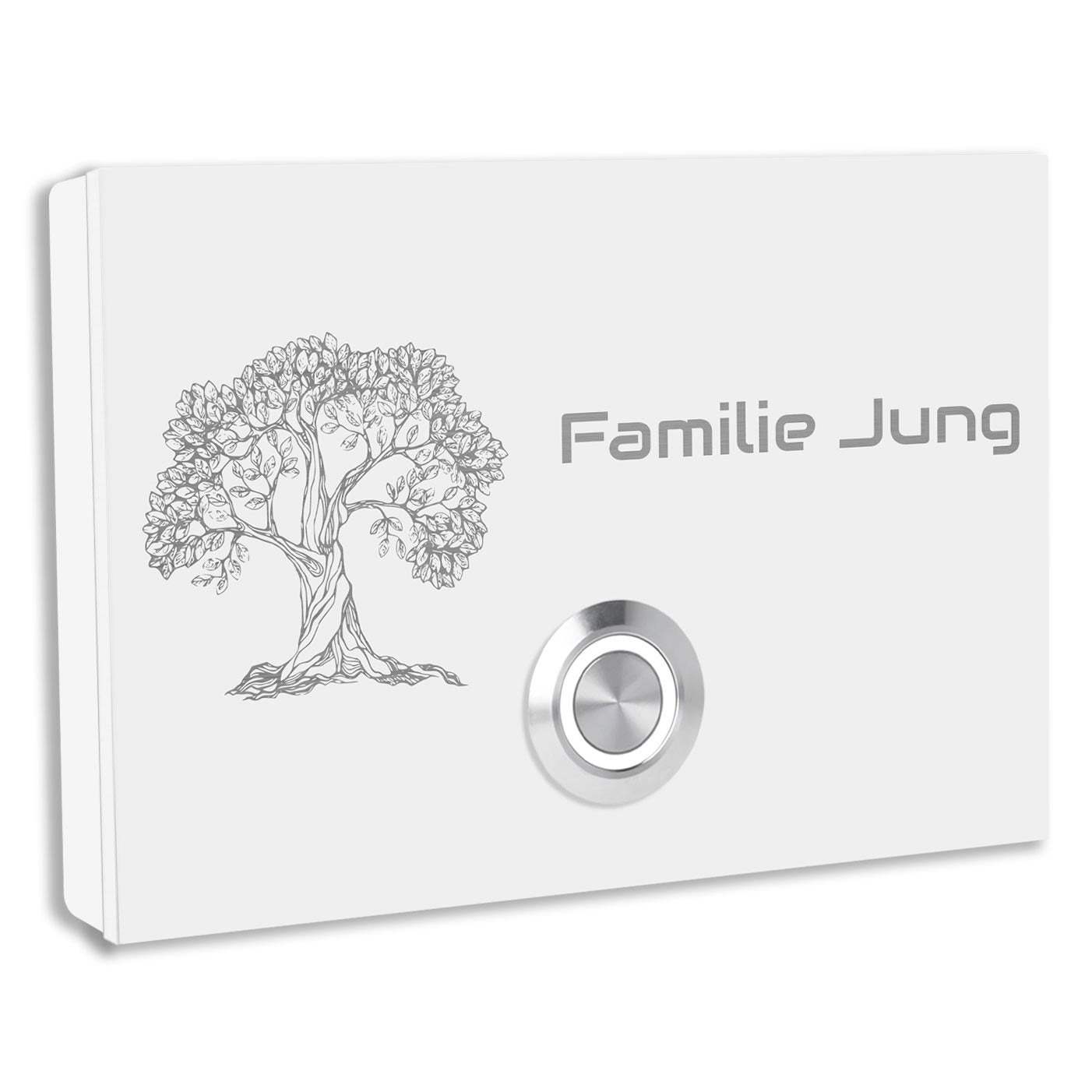 Edelstahl Türklingel London weiß pulverbeschichtet mit Motiv Baum Aufputztürklingel