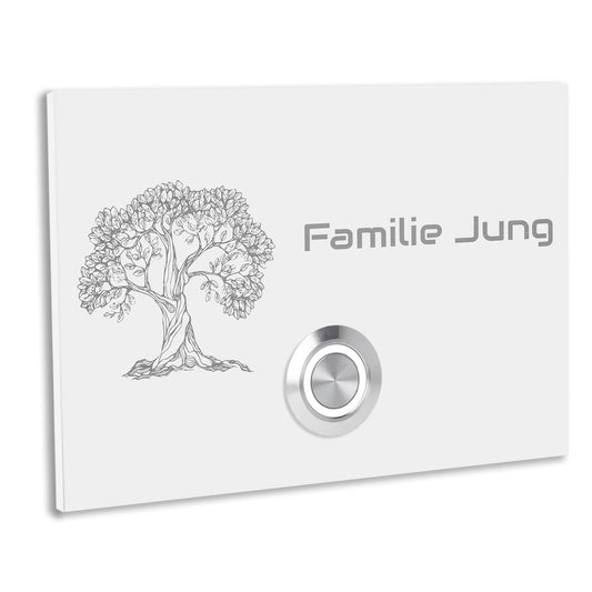 Edelstahl Unterputz Türklingel London mit Motiv Baum, Weiß pulverbeschichtet individuell personalisierbar.