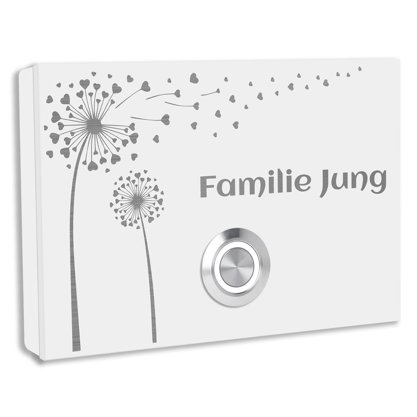 Aufputz Edelstahl Türklingel London, Weiß pulverbeschichtet mit Motiv Pusteblume. Individuell personalisierbar