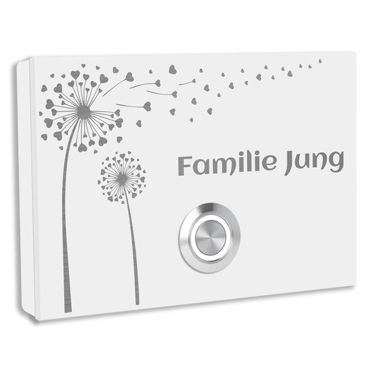 Aufputz Edelstahl Türklingel London, Weiß pulverbeschichtet mit Motiv Pusteblume. Individuell personalisierbar