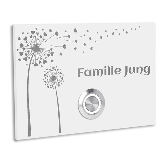 Unterputz Türklingel London, Weiß pulverbeschichtet mit Motiv Pusteblume, individuell personalisierbar.