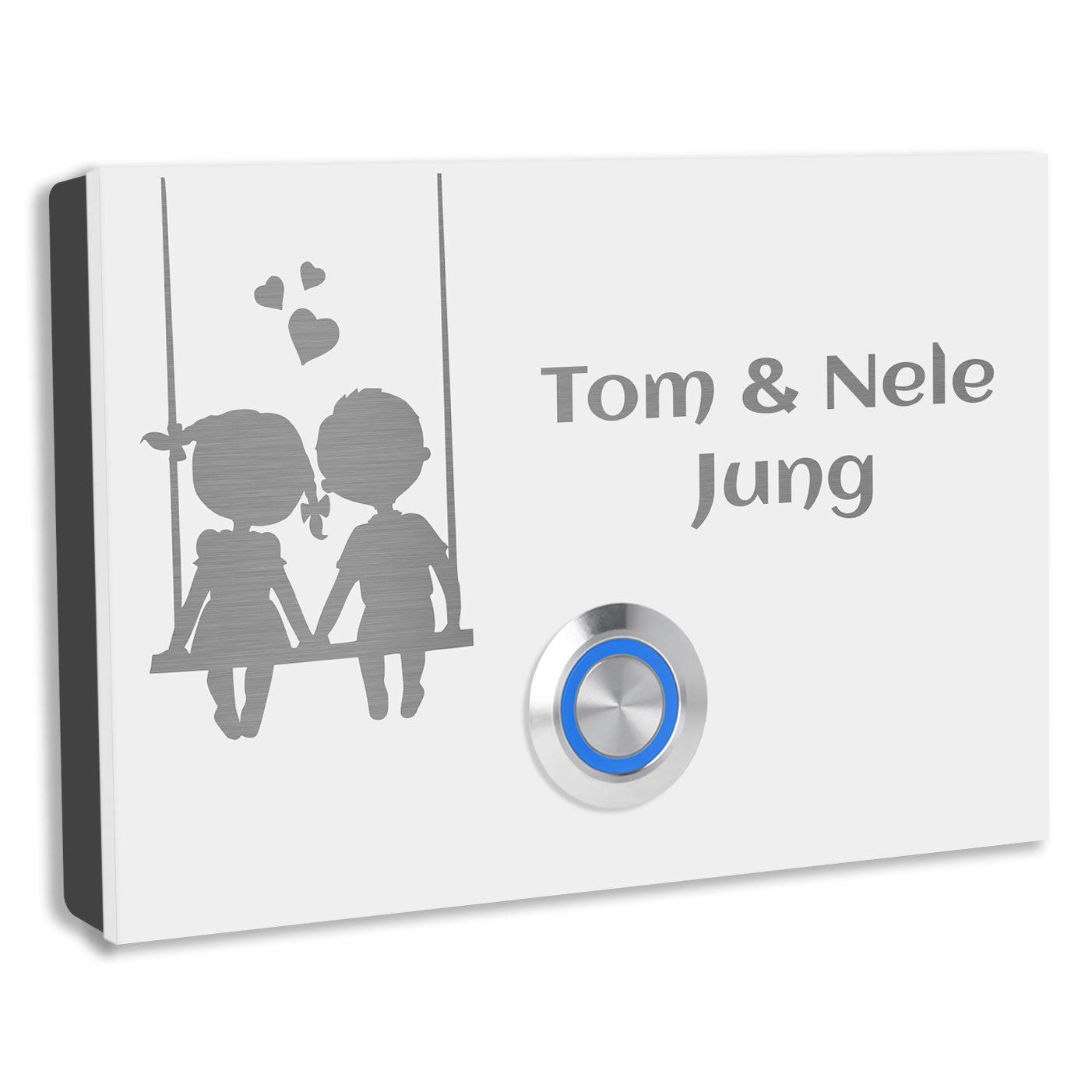 Edelstahl Aufputz Türklingel London, Weiß pulverbeschichtet mit Motiv Pärchen individuell personalisierbar
