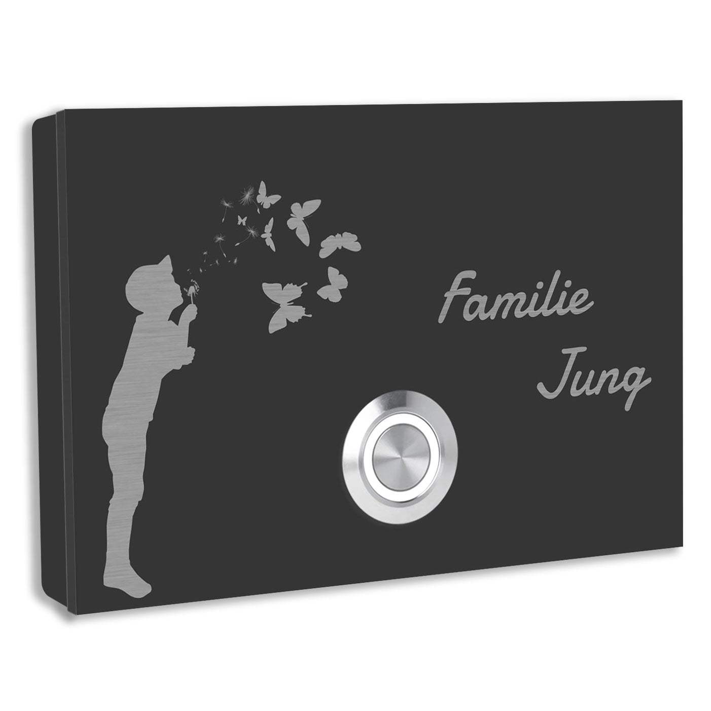 Edelstahl Aufputz Türklingel London , Anthrazit pulverbeschichtet mit Motiv Junge, individuell personalisierbar