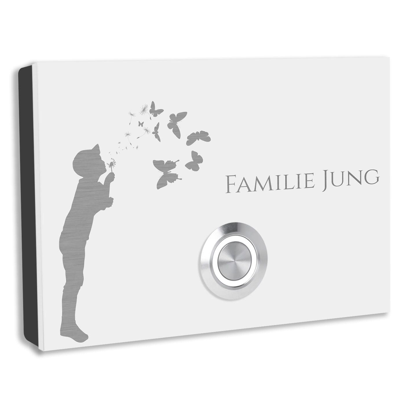 Edelstahl Aufputz Türklingel London, weiß pulverbeschichtet mit Motiv Junge, individuell personalisierbar