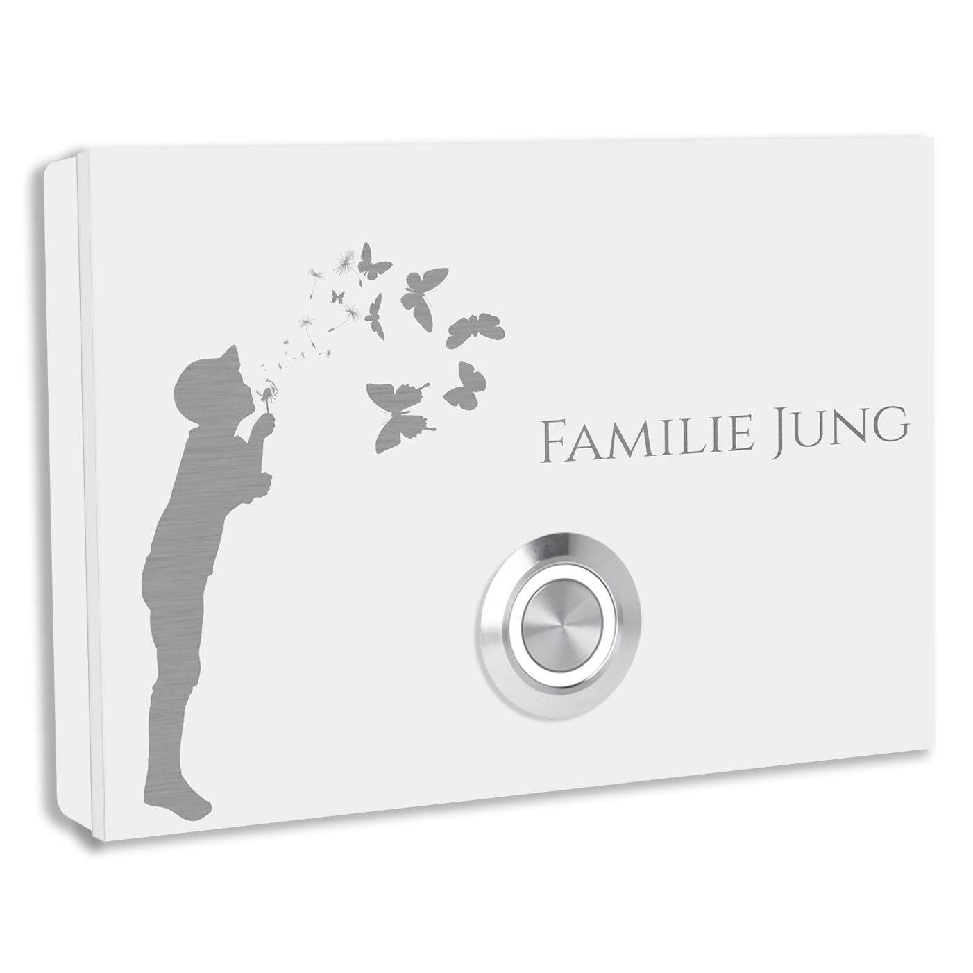 Edelstahl Aufputz Türklingel London  Weiß pulverbeschichtet mit Motiv Junge, individuell personalisierbar