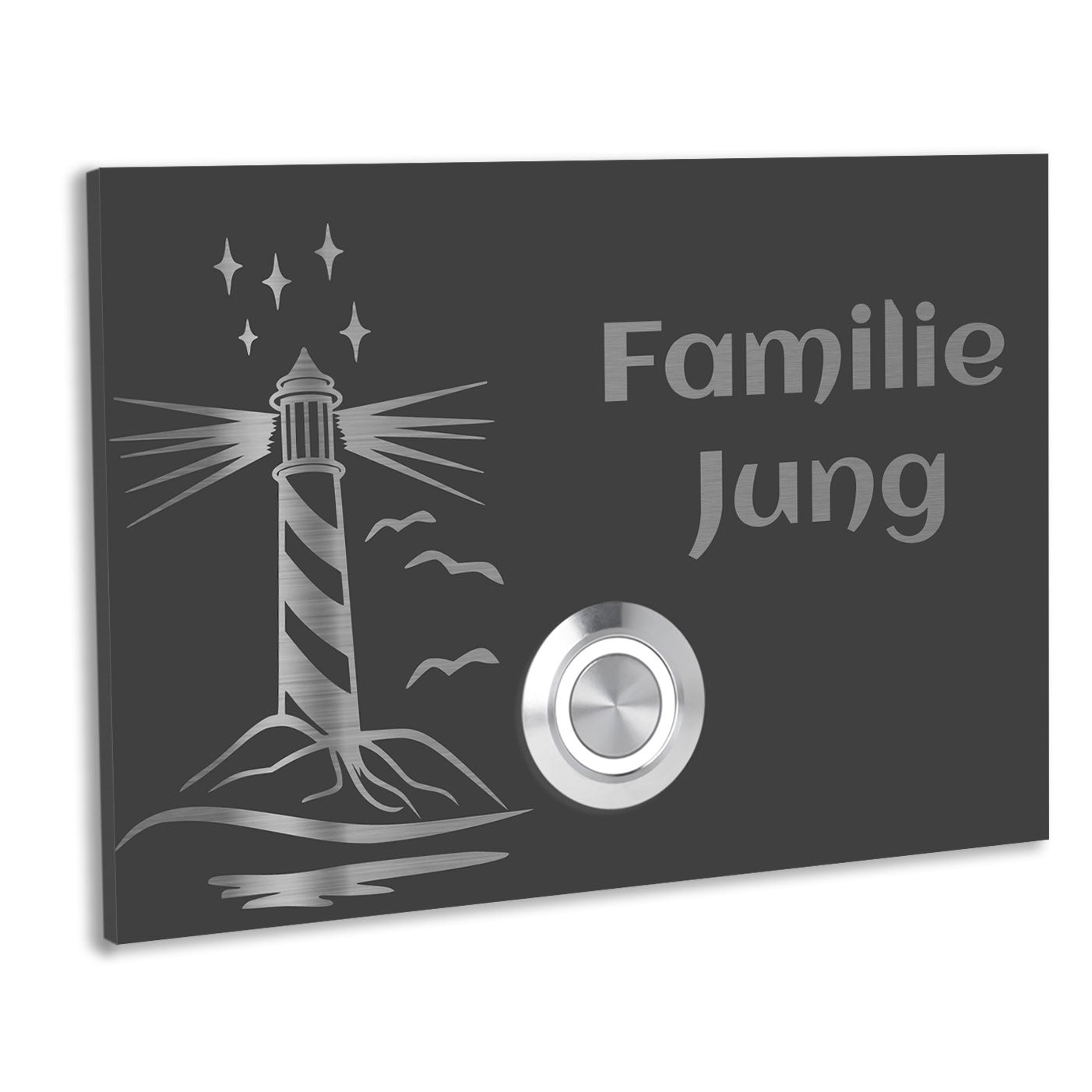 Edelstahl Unterputz Türklingel London Anthrazit RAL 7016 pulverbeschichtet mit Motiv Leuchtturm, individuell personalisierbar