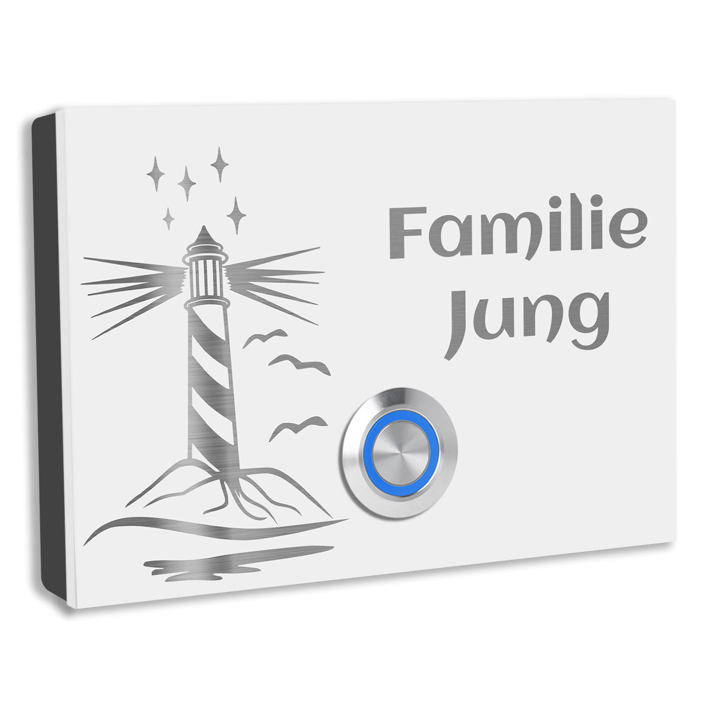 Aufputz Edelstahl Türklingel London, Weiß pulverbeschichtet mit Motiv Leuchtturm, individuell personalisierbar