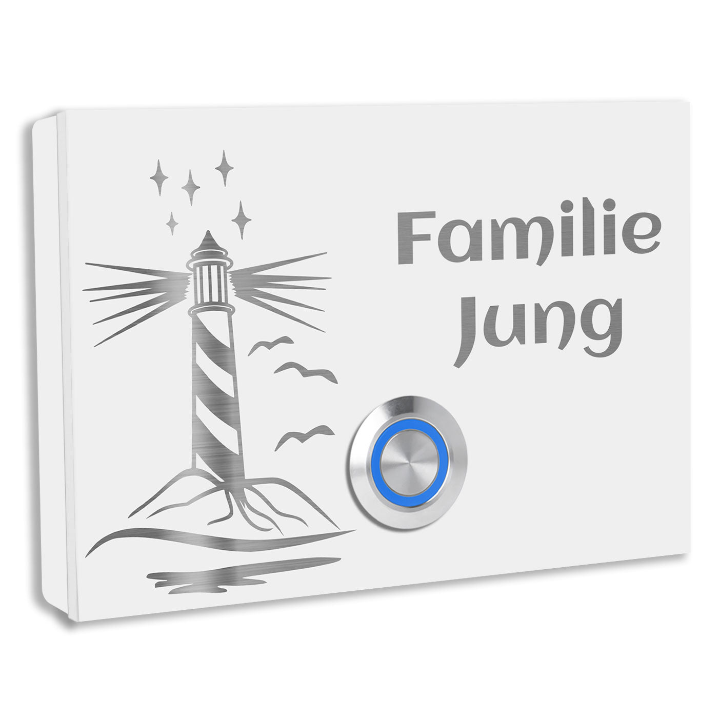 Edelstahl Aufputz Türklingel London, Weiß RAL 9016 Pulverbeschichtet mit Motiv Leuchtturm. Individuell personalisierbar