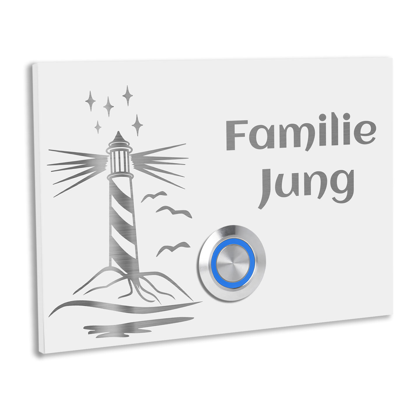 Edelstahl Unterputz Türklingel London, Weiß RAL 9016 Pulverbeschichtet mit Motiv Leuchtturm, individuell personalisierbar