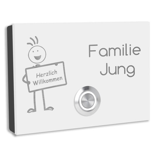 Aufputz Türklingel London  Weiß pulverbeschichtet mit Motiv Männchen , individuell personalisierbar