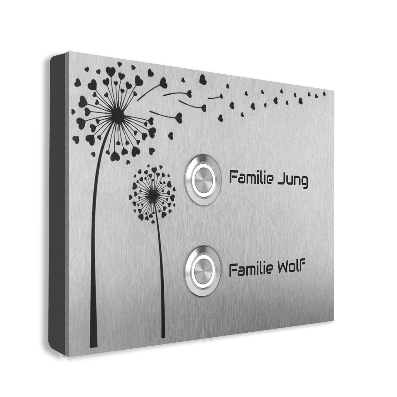Edelstahl Aufputz Türklingel Lübeck für Zweifamilienhaus mit Motiv Pusteblume, individuell personalisierbar