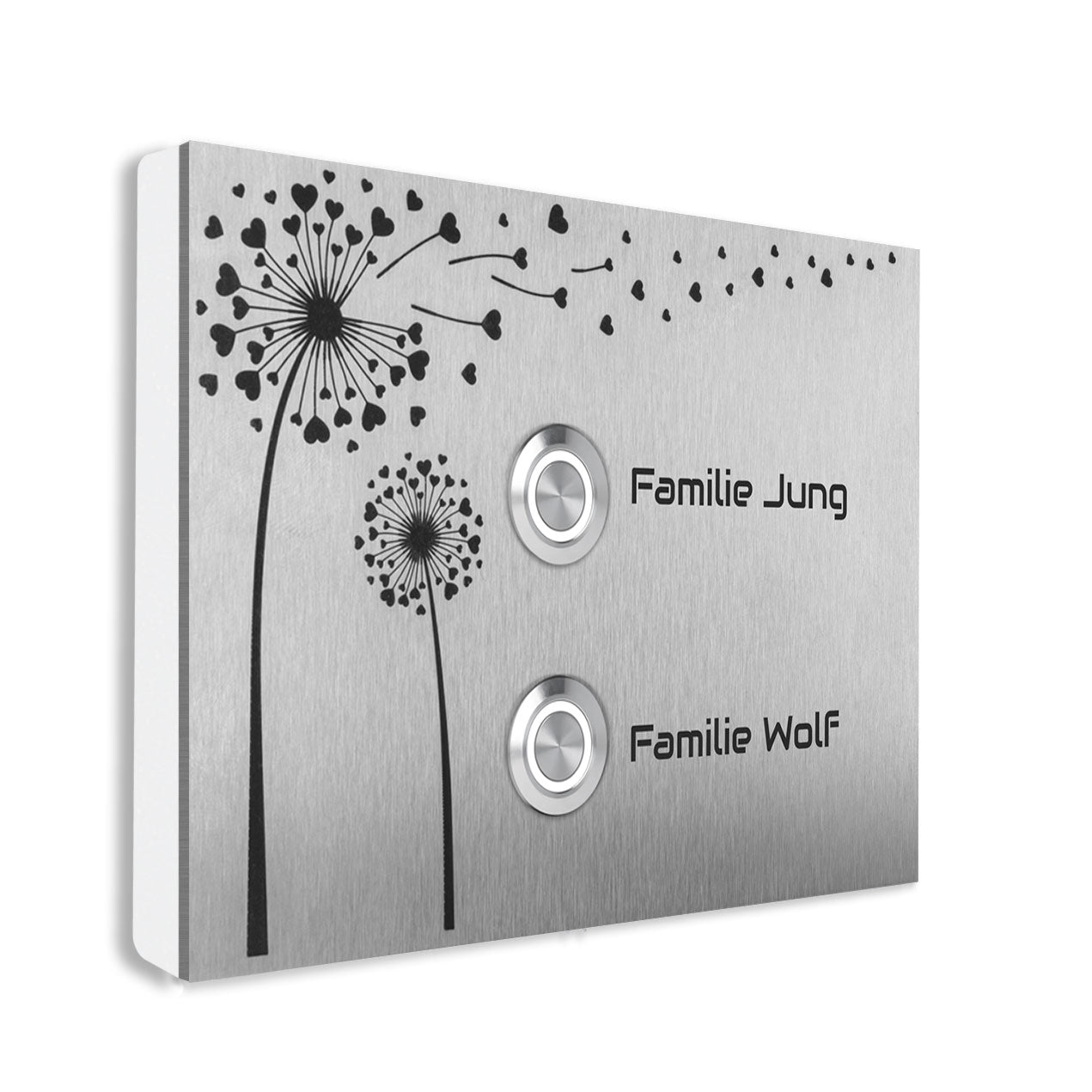 Edelstahl Aufputz Türklingel Lübeck für Zweifamilienhaus  mit Motiv Pusteblume, individuell  personalisierbar