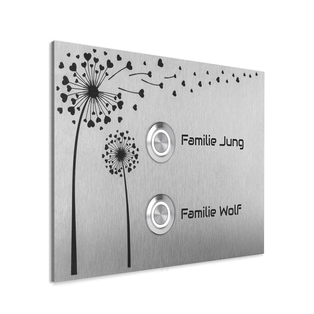 Edelstahl Unterputz Türklingel Lübeck für Zweifamilienhaus, mit Motiv Pusteblume, individuell personalisierbar