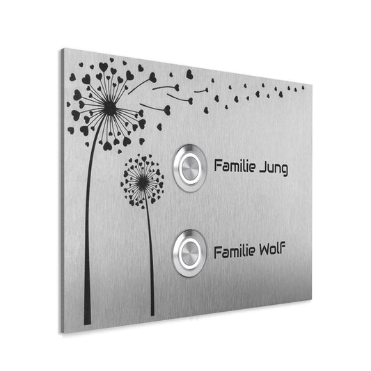 Edelstahl Unterputz Türklingel Lübeck für Zweifamilienhaus, mit Motiv Pusteblume, individuell personalisierbar