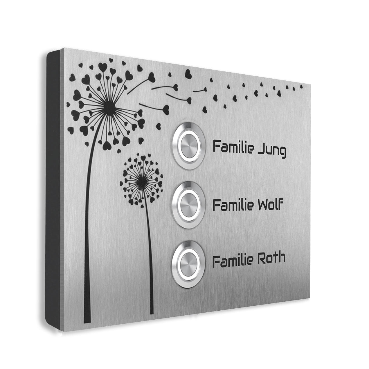 Edelstahl Aufputz Türklingel Lübeck für Dreifamilienhaus, mit Motiv Pusteblume, individuell personalisierbar.