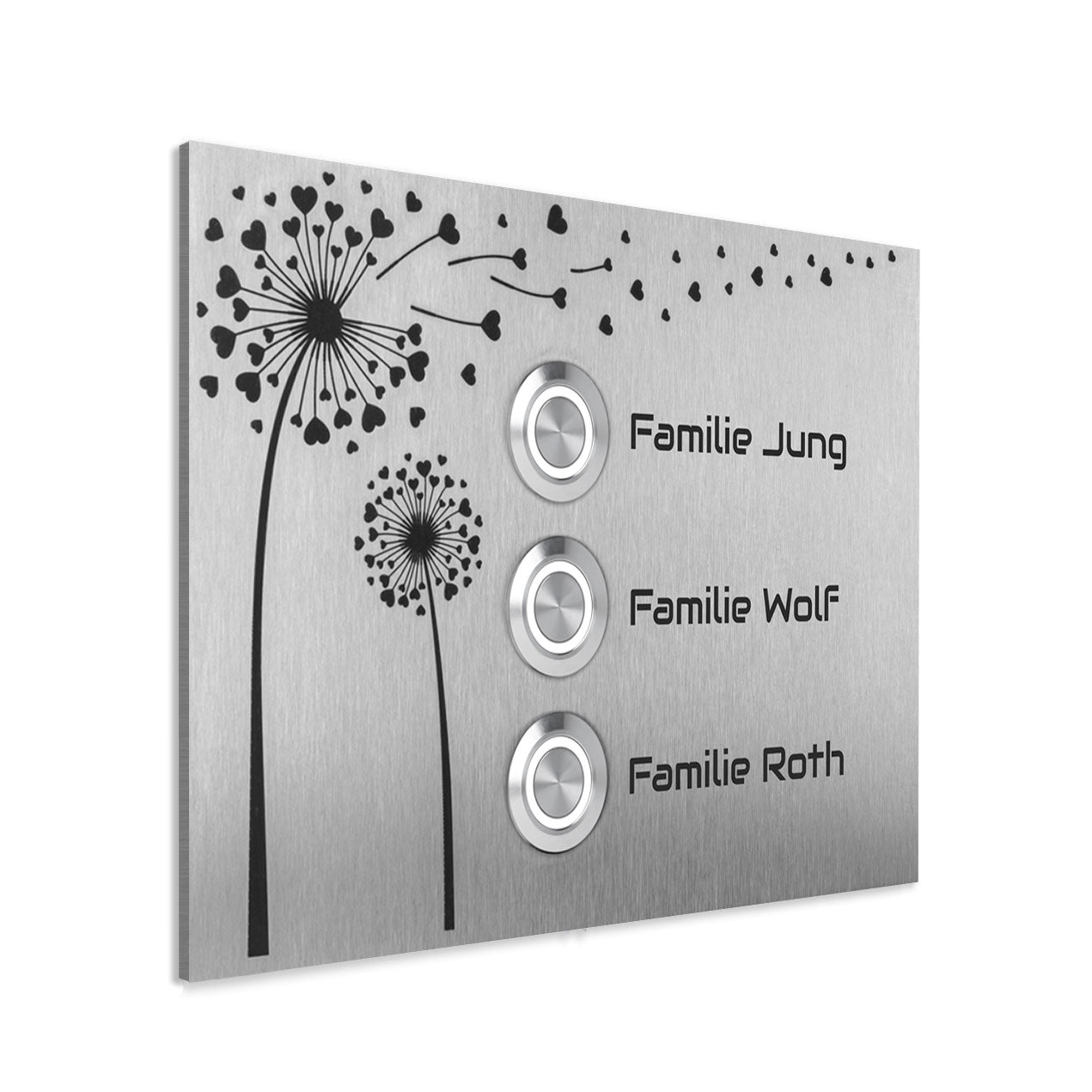 Edelstahl Unterputz Türklingel Lübeck für Dreifamilienhaus mit Motiv Pusteblume, individuell personalisierbar